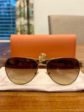 Tory Burch Gold Aviator Sunglasses with Orange Case